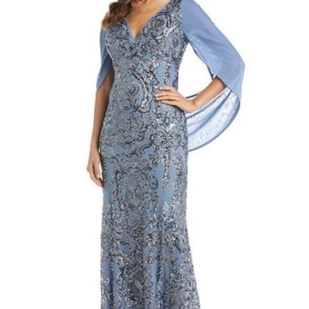 R&M Richards Chiffon V-Neck Drape Back Beaded Stretch Sheath Size 6 NWT Lt Blue